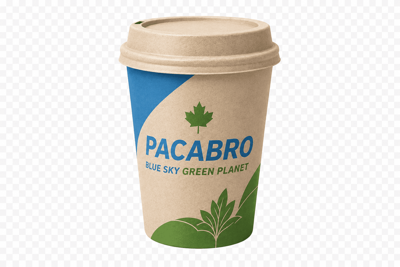Paper cup on brown kraft board with the Pacabro print