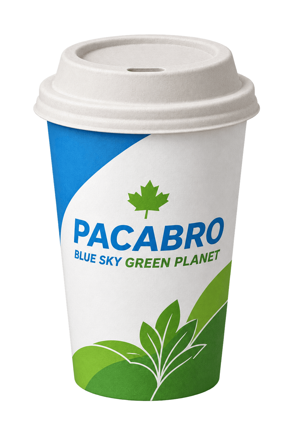 Paper cup on white board with the Pacabro print